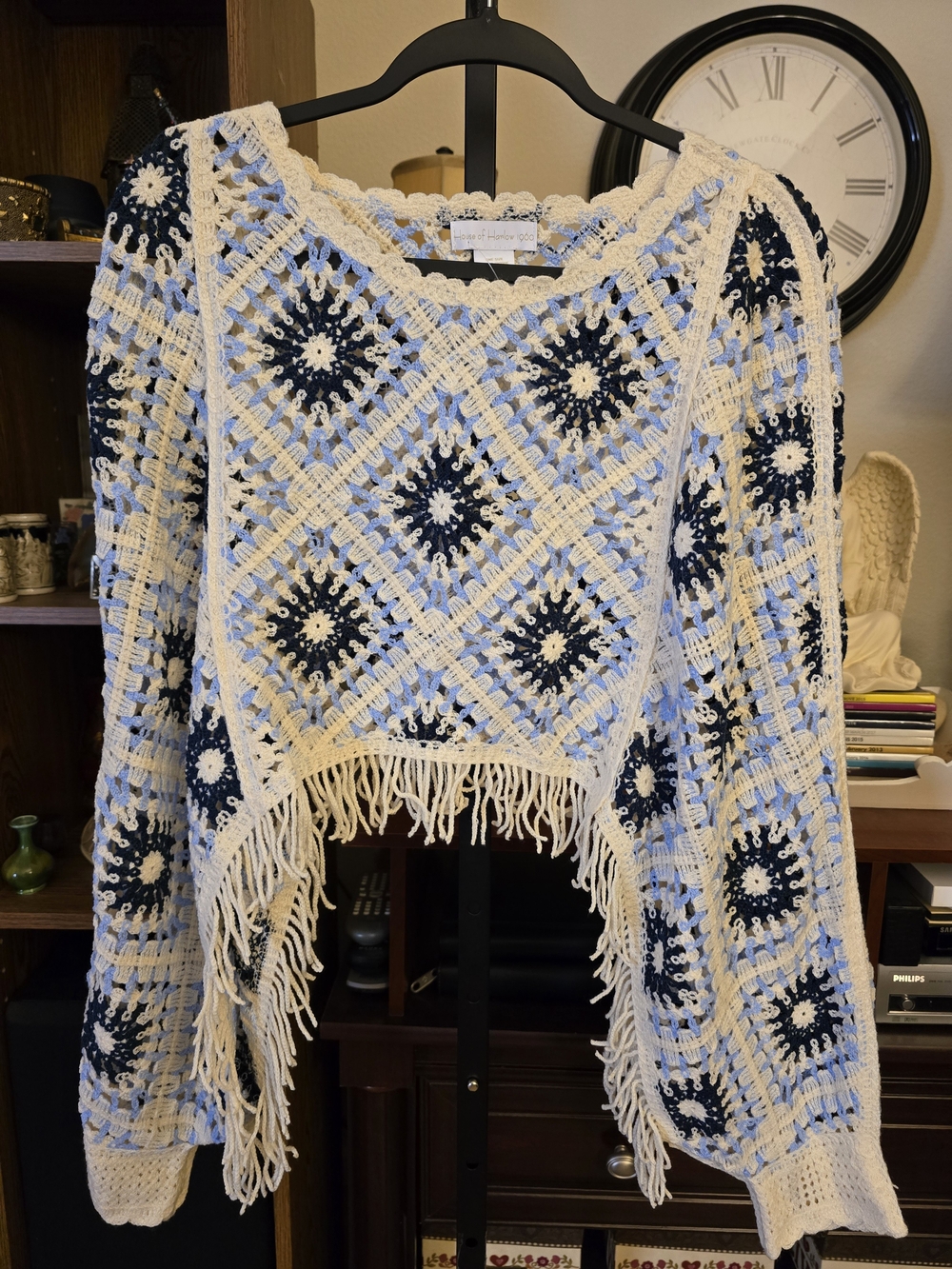 House of Harlow 1960 Crochet Sweater Blue Cream Granny Square Fringe Boho O/S - Picture 2 of 6